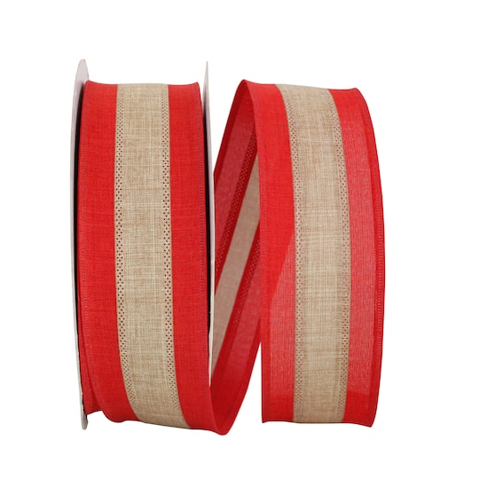 JAM Paper 2.5&#x22; x 50yd. Natural &#x26; Red Wired Stripe Linen Value Ribbon